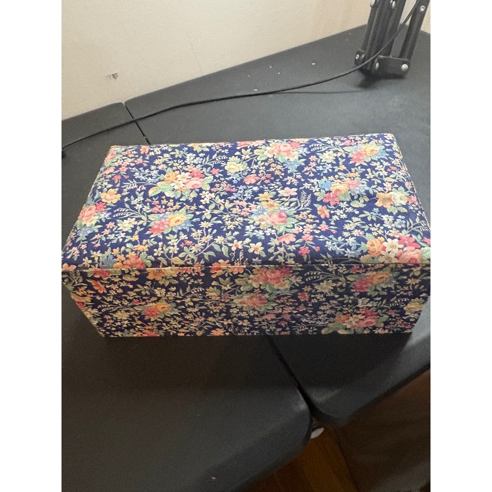 Vintage Floral Chintz Fabric Jewelry Box Navy Blue Mirror Organizer Tray